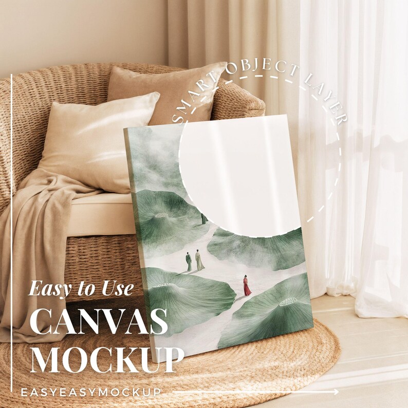 May include: A canvas mockup featuring a serene landscape with figures in the distance. The artwork is predominantly green and white, with a large, torn-paper effect. Text on the canvas reads "Easy to Use CANVAS MOCKUP" and "EASYEASYMOCKUP". The canvas is displayed on a woven rug.