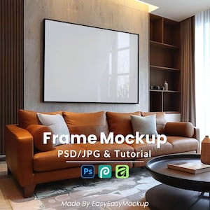 Maqueta de marco horizontal, archivo PSD + JPG, marco negro grande sobre sofá de cuero, plantilla de arte de pared de lujo moderno para sala de estar, descarga digital