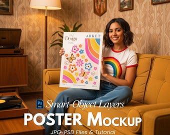 5x7 Poster Mockup Retro Style – Paper Print Mockup, Vintage Living Room Wall Art PSD, Smart Object Mockup for Artists & Etsy Sellers
