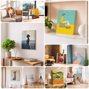 May include: A collection of canvas art prints featuring various designs. The artwork includes abstract landscapes, a figure with a saxophone, a person listening to music, and a woman with a parasol. The color palette includes blues, yellows, and oranges.