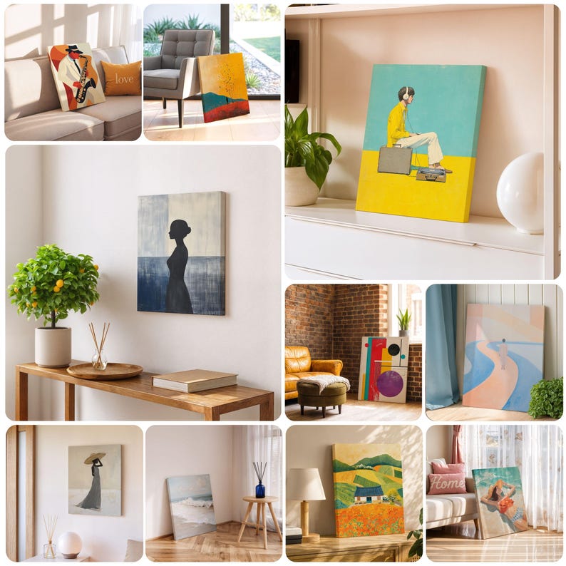 May include: A collection of canvas art prints featuring various designs. The artwork includes abstract landscapes, a figure with a saxophone, a person listening to music, and a woman with a parasol. The color palette includes blues, yellows, and oranges.