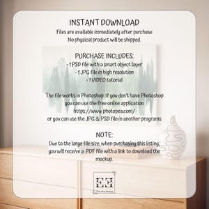 Puede incluir: Imagen de maqueta digital con texto "DESCARGA INSTANT&Aacute;NEA". La imagen incluye una pintura de una escena de bosque y un jarr&oacute;n decorativo. El texto detalla que la compra incluye un archivo PSD, un archivo JPG y un tutorial en v&iacute;deo.