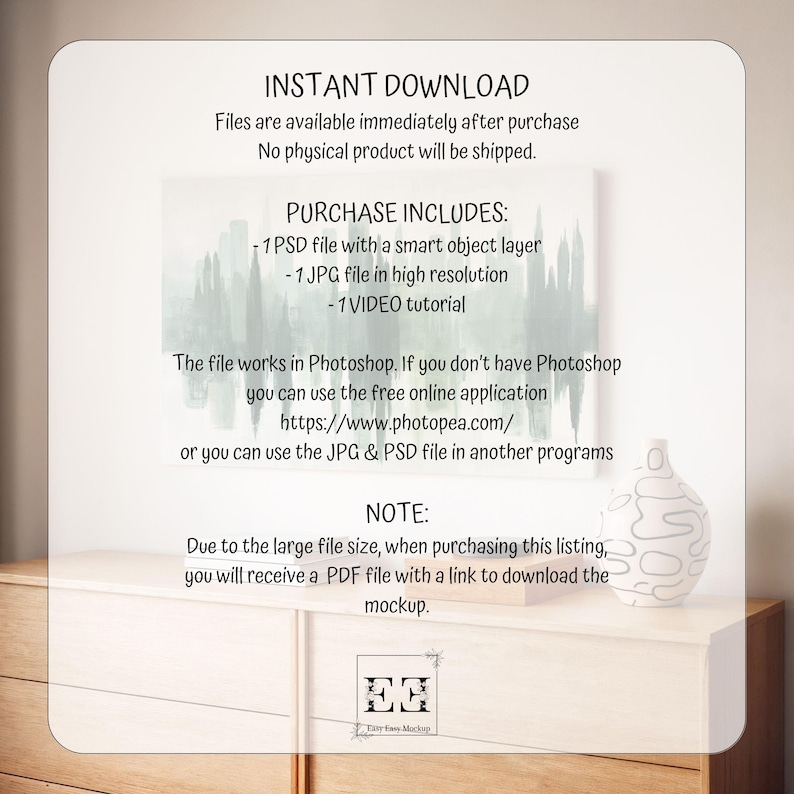 Puede incluir: Imagen de maqueta digital con texto "DESCARGA INSTANT&Aacute;NEA". La imagen incluye una pintura de una escena de bosque y un jarr&oacute;n decorativo. El texto detalla que la compra incluye un archivo PSD, un archivo JPG y un tutorial en v&iacute;deo.