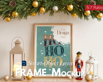 Julrammodell PSD – Vertikalt förhållande 5x7, Högtidsväggkonstmodell, Festlig affischmodell, Smart Object, Photopea och Photoshop-fil