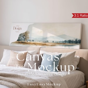 May include: A canvas mockup featuring a landscape painting with a tree and mountains. The canvas is above a bed with pillows and a blanket. Text on the canvas says "your Design here". The words "Canvas Mockup" are also visible.