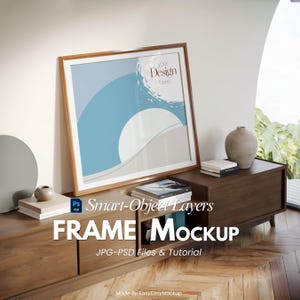 Square Frame Mockup PSD – Minimal Japandi Living Room with Wooden Console & Arch Wall – 1:1 Ratio Template – Smart Object Layered File