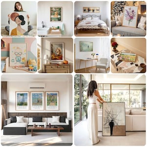 May include: A collage of nine images showcasing various wall art prints in different home settings. The prints feature a variety of styles, including abstract, floral, and landscape designs. Some prints are framed, while others are not. The images are arranged in a grid pattern, with each image showing a different room in a home.