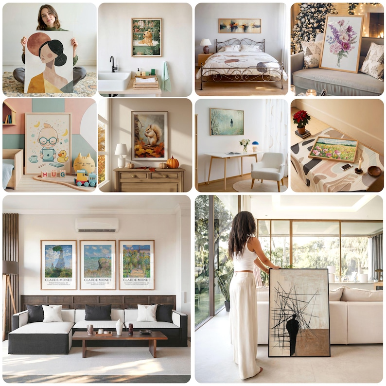 May include: A collage of nine images showcasing various wall art prints in different home settings. The prints feature a variety of styles, including abstract, floral, and landscape designs. Some prints are framed, while others are not. The images are arranged in a grid pattern, with each image showing a different room in a home.