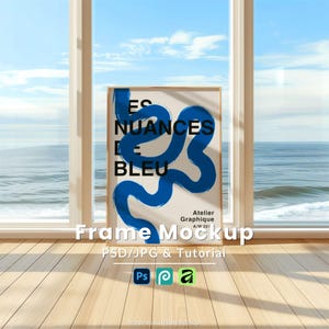 5x7 Wood Frame Mockup PSD, Ocean View Coastal Poster Display, Sea Sky Window Wall Art Print, Serene Beach Room Smart Object Edit