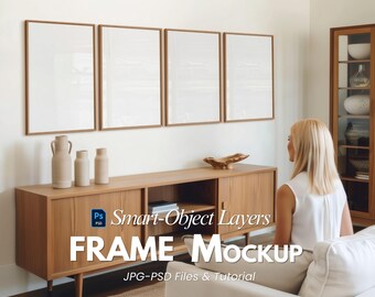 Mockup galerijwand met 2:3-verhouding, set van 4 boven houten dressoir, set van 4 — Scène in de moderne woonkamer, PSD met slim object, tutorial photopea