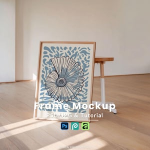 5x7 Light Wood Frame Mockup PSD, Daylight Stool Wall Art Display, Minimal Studio Poster Leaning, Natural Shadow, Smart Object Layer