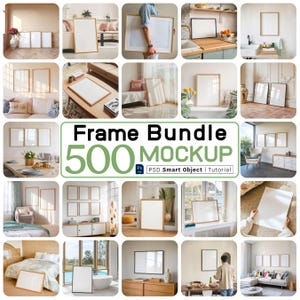 Puede incluir: Una cuadrícula de imágenes que muestran varias maquetas de marcos en diferentes entornos. Los marcos son de varios estilos, incluyendo dorado, negro y madera natural. El texto central dice "Frame Bundle 500 Mockup", un producto para artistas digitales.