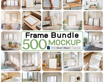 Wall Art Frame Mockup Bundle | 500 PSD Gallery Wall Displays | Lifestyle + Canvas + Flat Lay | Easy Smart Objects Layer, Digital Download