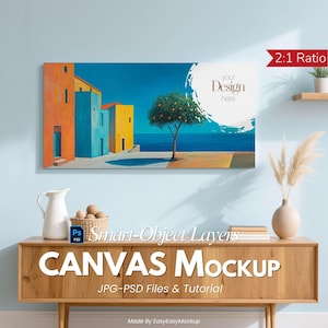 2:1 Canvas Mockup – Horizontal Wall Art PSD, Modern Living Room Canvas Template, Photopea & Photoshop Ready, Smart Object Layer Mockup