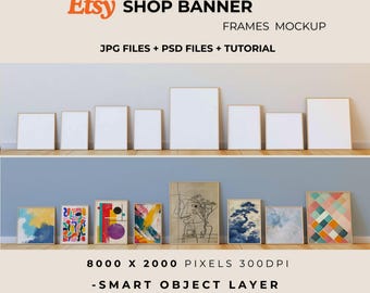 Shop Banner Mockup - 8 Frame PSD Template, Vintage Wood & Natural Light Wall Art Mockup for Etsy Shops, Print Showcase, PSD Files