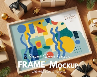 Horizontal Christmas Frame Mockup | 3:2 Ratio Poster Mockup PSD JPG | Holiday Gift Scene with Festive Decor for Wall Art