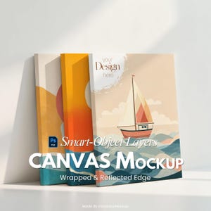 Puede incluir: Tres maquetas de lienzo apoyadas contra una pared blanca. Los lienzos presentan diseños abstractos coloridos y una ilustración de un velero. El texto en la imagen dice "Your Design Here" y "CANVAS Mockup".