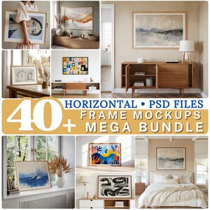Conjunto de 43 Mockups de Molduras - Molduras Horizontais em PSD e Mockups Impressos para Exibição de Arte, Download Digital de Decoração, Arquivos PSD e Camadas Inteligentes