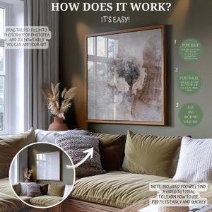 May include: A living room interior with a brown couch and pillows. A framed print of a watercolor painting of flowers and a cello hangs on the wall. The text "HOW DOES IT WORK? IT'S EASY!" is at the top of the image. The text "DRAG THE PSD FILE INTO PHOTOSHOP OR PHOTOPEA AND SEE HOW EASILY YOU CAN ADD YOUR ART" is on the left side of the image. The text "PURCHASE, PERSONALIZE, SAVE AND SHOW OFF YOUR ART" is on the right side of the image. The text "NOTE: INCLUDED YOU WILL FIND A VIDEO TUTORIAL TO LEARN HOW TO USE PSD FILES EASILY AND QUICKLY" is at the bottom of the image.