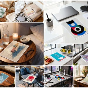May include: A collage of images featuring art prints in various settings. One print displays a watercolor design, another a geometric abstract, and others feature abstract faces and landscapes. The prints are displayed on tables, beds, and desks.