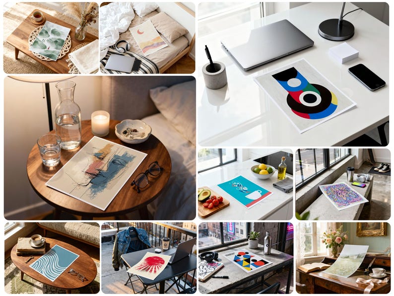 May include: A collage of images featuring art prints in various settings. One print displays a watercolor design, another a geometric abstract, and others feature abstract faces and landscapes. The prints are displayed on tables, beds, and desks.