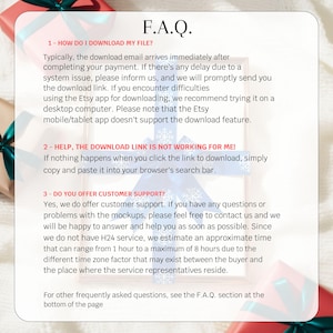 May include: A white card with the text "F.A.Q." and answers to common questions about downloading files, troubleshooting download links, and customer support. The card is decorated with snowflake and ribbon graphics.