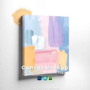 May include: Canvas mockup with a colorful abstract painting. The artwork features brushstrokes in pastel shades of blue, pink, yellow, and purple. The text "Canvas Mockup" and "Wrapped & Reflected Edge" are visible.