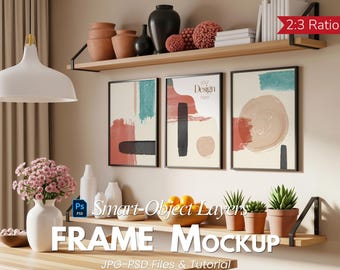 Gallery Wall Mockup – Set of 3 Frames Mockup | 2:3 Ratio Poster Display | Multi-Frame Mockup for Print Sellers & Artists, PSD Files and JPG