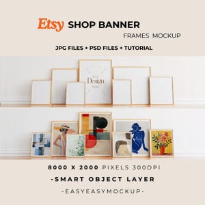 Shop Banner Mockup - 7 Frame PSD Vorlage, Vintage Holz & natürliches Licht Wand Kunst Mockup für Etsy Shops, Print Showcase, PSD-Dateien