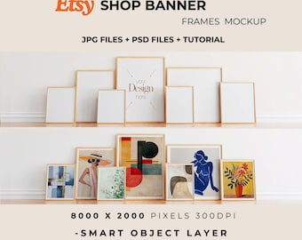 May include: A mockup of a shop banner with frames for Etsy. The banner features a variety of frames with different sizes and styles, including some with artwork. The text "Etsy Shop Banner" and "Frames Mockup" is displayed at the top of the banner. The text "JPG Files + PSD Files + Tutorial" is displayed below the banner title. The text "your Design here" is displayed in one of the frames. The banner is 8000 x 2000 pixels and 300 DPI. The banner is a smart object layer and is easy to use.