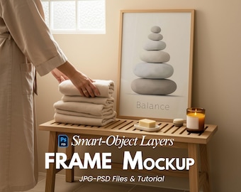May include: A framed print with a stack of stones labeled "Balance" sits on a wooden bench with folded beige towels. A lit candle and soap are also on the bench. The image is a mockup for a frame.