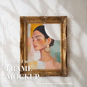 May include: A gold ornate frame with a painting of a woman with closed eyes. The painting is in a soft color palette of pink, yellow, and blue. The frame is on a white wall with a shadow from a window.