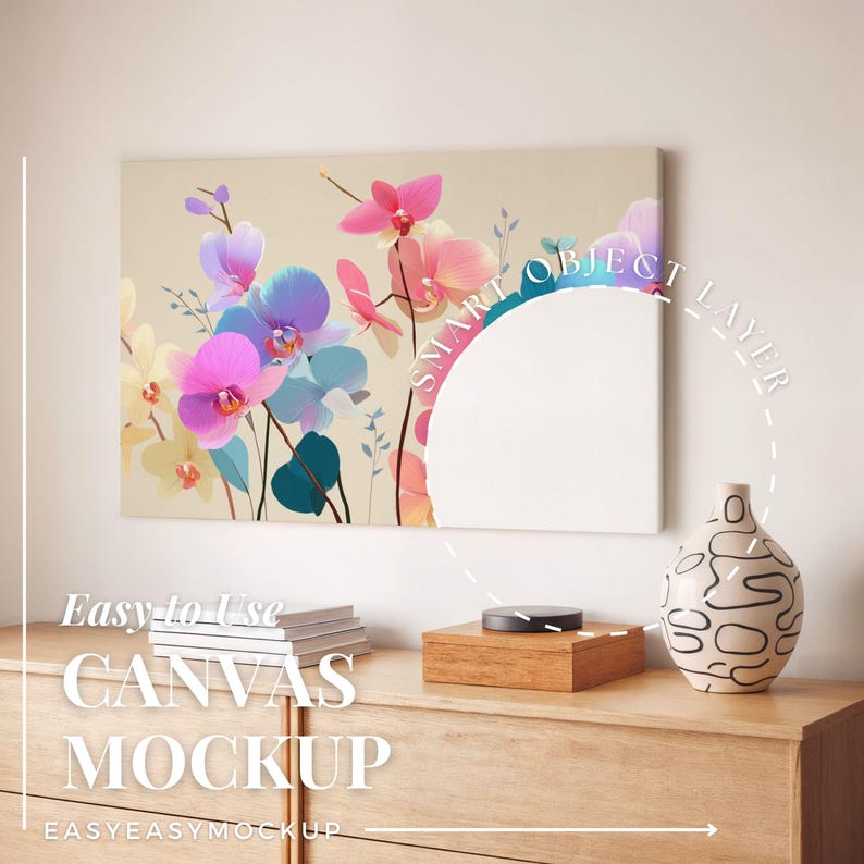 Puede incluir: Maqueta de lienzo con un dise&ntilde;o floral de orqu&iacute;deas rosas, moradas y azules. El lienzo est&aacute; sobre una c&oacute;moda de madera con un jarr&oacute;n decorativo, una caja de madera y libros. El texto dice "Easy-to-Use CANVAS MOCKUP".