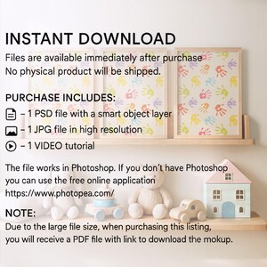 May include: Instant download digital file for a printable wall art design featuring a colorful handprint pattern. Includes a PSD file with a smart object layer, a JPG file, and a video tutorial. The file works in Photoshop or the free online application Photopea.