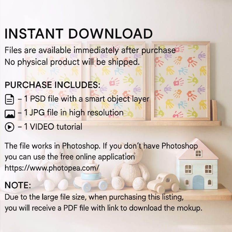 May include: Instant download digital file for a printable wall art design featuring a colorful handprint pattern. Includes a PSD file with a smart object layer, a JPG file, and a video tutorial. The file works in Photoshop or the free online application Photopea.
