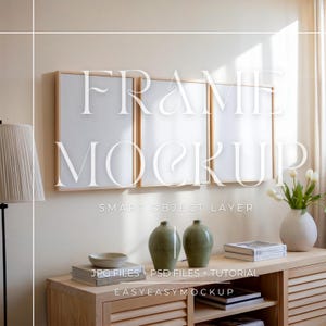 May include: Three wooden picture frames with white mats and a white background. The frames are hanging on a light beige wall. The frames are labeled "FRAME MOCKUP" and "SMART OBJECT LAYER".
