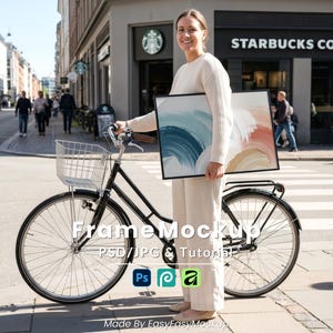 Puede incluir: Una persona junto a una bicicleta negra, sosteniendo dos impresiones artísticas enmarcadas. Las impresiones presentan diseños abstractos en azul, rosa y naranja. La imagen incluye el texto "Frame Mockup" y "Made By EasyEasyMockup".