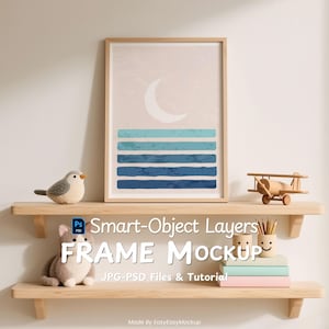 May include: A framed art print with a crescent moon and blue horizontal stripes. The frame sits on a wooden shelf with a stuffed bird, a wooden airplane, and other decorative items. The text "FRAME MOCKUP" is visible.