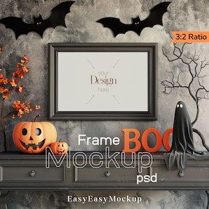 Maqueta de marco de Halloween en formato PSD: Escena de pared horizontal con relación de aspecto 3:2, decoración espeluznante y embrujada con calabazas, póster imprimible en formato PSD