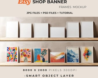 Shop Banner Mockup - 6 Frame PSD Template, Vintage Wood & Natural Light Wall Art Mockup for Etsy Shops, Print Showcase, PSD Files