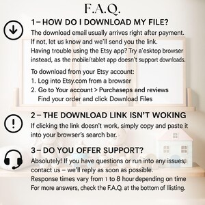 May include: A white background with a light wood frame and a light blue house illustration. The text "F.A.Q." is in black at the top of the image. The text "1-HOW DO I DOWNLOAD MY FILE?" is in black with a downward pointing arrow to the left of the text. The text "2-THE DOWNLOAD LINK ISN'T WOKING" is in black with an exclamation point to the left of the text. The text "3-DO YOU OFFER SUPPORT?" is in black with a headset icon to the left of the text. The text is in a sans-serif font.