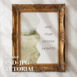May include: A gold ornate picture frame with a white background and the text "ADD YOUR DESIGN 3:4 RATIO". The frame is on a white textured background.