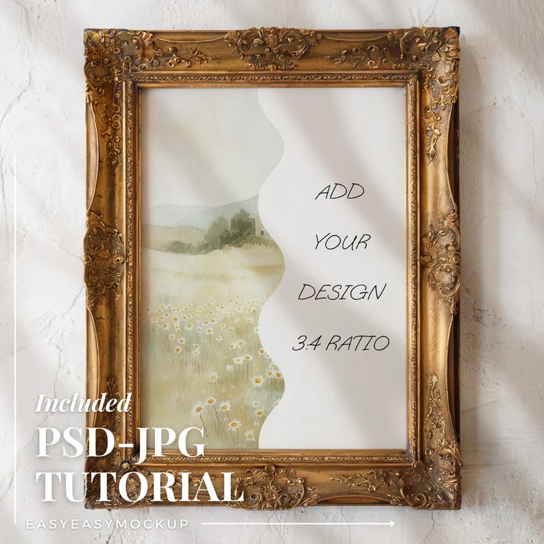 May include: A gold ornate picture frame with a white background and the text "ADD YOUR DESIGN 3:4 RATIO". The frame is on a white textured background.