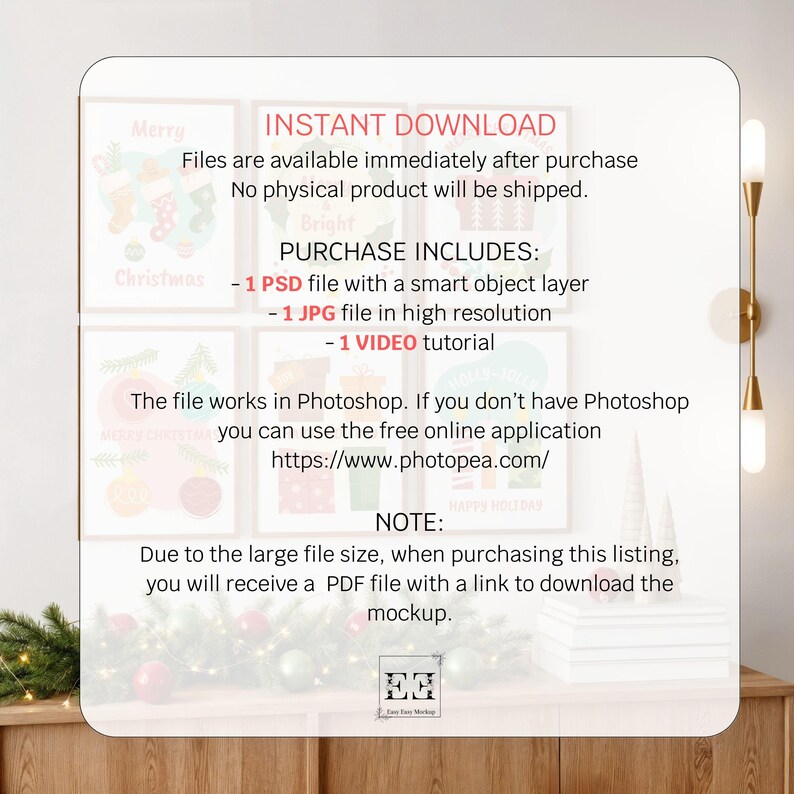 May include: A digital download mockup with text that reads "INSTANT DOWNLOAD" and "PURCHASE INCLUDES: - 1 PSD file with a smart object layer - 1 JPG file in high resolution - 1 VIDEO tutorial". The file works in Photoshop.