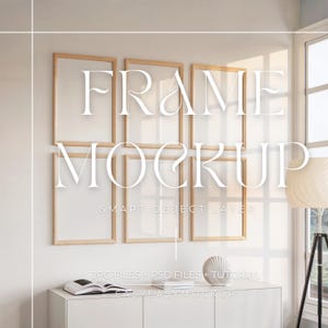 May include: A mockup of six wooden picture frames arranged in a grid on a white wall. The frames are empty and have a light wood finish. The text "FRAME MOCKUP" is written in white letters on the wall, and the text "SMART OBJECT LAYER" is written below it. The text "JPG FILES + PSD FILES + TUTORIAL" is written below the frames, and the text "EASY EASY MOCKUP" is written below that.