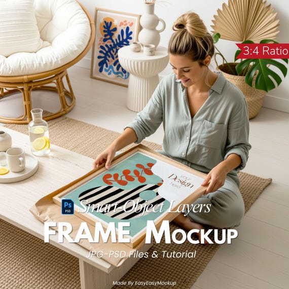 Modern Frame Mockup with Woman – 3:4 PSD Mockup for Posters and Prints – Natural Light, Lifestyle Scene – JPG + Smart Object PSD