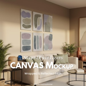 Könnte beinhalten: Ein Wohnzimmer mit einem weißen Sofa, einem Glastisch und sechs abstrakten Leinwandkunstwerken. Die Leinwände zeigen gedämpfte Farben. Der Text "CANVAS MOCKUP" ist sichtbar.