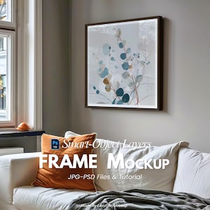 Square Frame Mockup PSD - Cozy Autumn Living Room Black Frame with Smart Object Layers, JPG Files & Tutorial Included - Digital Download