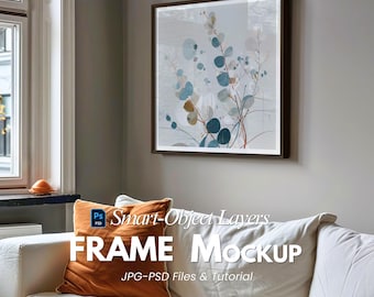 Square Frame Mockup PSD - Cozy Autumn Living Room Black Frame with Smart Object Layers, JPG Files & Tutorial Included - Digital Download