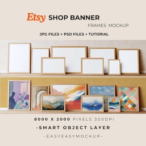 Mockup baneru sklepowego - 8 ramek PSD szablon, mockup sztuki ściennej Vintage Wood & Natural Light dla sklepów Etsy, prezentacja wydruków, pliki PSD